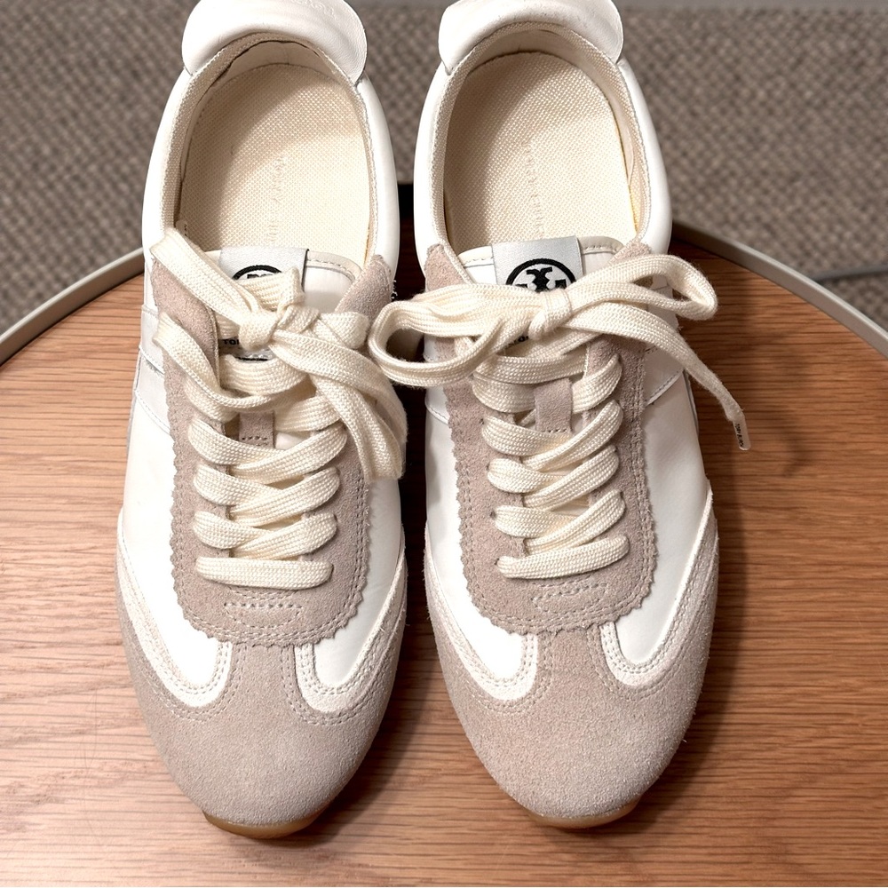 Womens Cream and White Suede Accent Sneakers